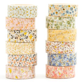 Songdao 12 Rolls Charming Washi Tape Set Gold Silver Foil Detailing Arts Adhesive Tapes Basic Patterns Decorative Masking Tape Sets for Craft, Kids, Scrapbook, DIY, Gift Wrapping (Spring Bloom)