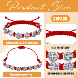 Junkin 30 Pack Benedictine Bracelet Medal Rosary Bracelet Protection Bracelet Benedict Cord Braided Wrist Bracelets(Red)