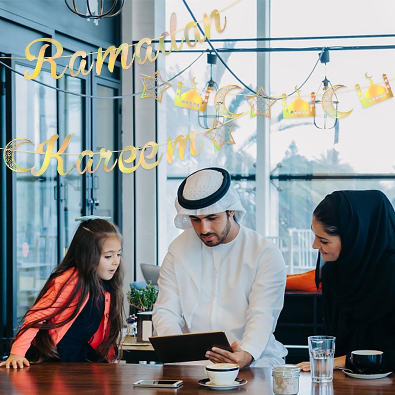 Ramadan Kareem Banner, 3 Sets Eid Mubarak Banner Hanging Garlands,