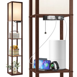OUTON Floor Lamp with Shelves, LED Shelf Floor Lamp with USB & Type C Ports, 1 AC Outlet, 3 Color Temperature, Storage Display Wood Column Tall Standing Lamp for Living Room, Bedroom Office, Walnut