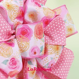 LaRibbons Pink Floral Ribbon Wired 2 Rolls 2.5 Inch x 20 Yards TTL, Rose Flower and Polka Dot Burlap Ribbon for Spring Summer Mothers Day Crafts Gift Wrapping Wreath Bow Decoration