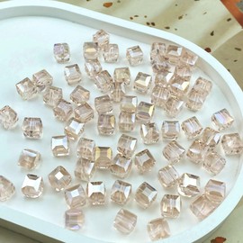 100pcs 8mm Crystal Glass Beads Cube Shape Loose Square Spacer Beads AB Color Craft Beads for Jewelry Making Making Necklace Bracelet Earring Wind Chimes Suncatchers Ornament(Silver Champagne AB)