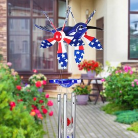 Exhart WindyWing Patriotic Hummingbird Wind Chime with American Flag Wings That Spin in The Breeze, 8 by 18 Inches