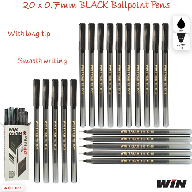 WIN 20 x 0.7mm Ball Pen Triam BLACK Smooth Ballpoint