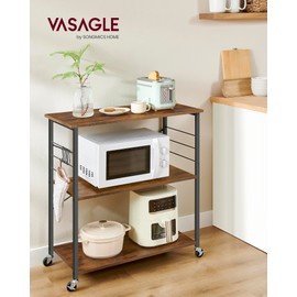 VASAGLE Kitchen Shelf on Wheels, Serving Cart with 3 Shelves, Kitchen Cart, Microwave Shelf, for Mini Oven, Toaster, with 6 Hooks, Industrial Style, Rustic Brown and Black UKKS067K01