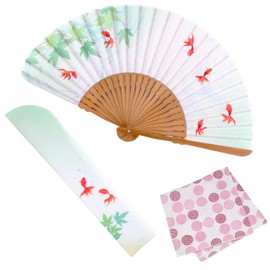 Osaka Choseido Folding Fan, Women's, Stylish, Business, Folding Bag, Handkerchief Included, Summer Cool (Green), green navy
