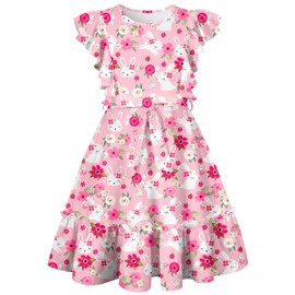 Funnycokid Girls Easter Dresses Size 6 7 Kids Clothes Bunny Flower Print Pink Ruffle Sleeve Outfits