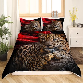 Erosebridal Leopard Comforter Cover Queen (No Stuffing),Red Rose Wedding Valentine's day Bedding Sets Wild Animal Cheetah Print Duvet Cover Set Romantic Quilt Cover 2 Pillow Cases For Couple Men Women