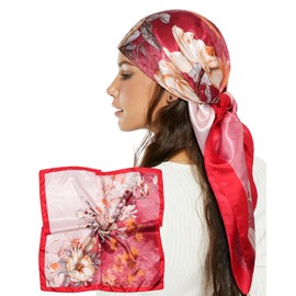 AWAYTR 35” Satin Head Scarf for Women Like Silk Scarf Hair Bandanas Women Large Square Neck Scarf Headscarf Head Wrap (Red + Pink)