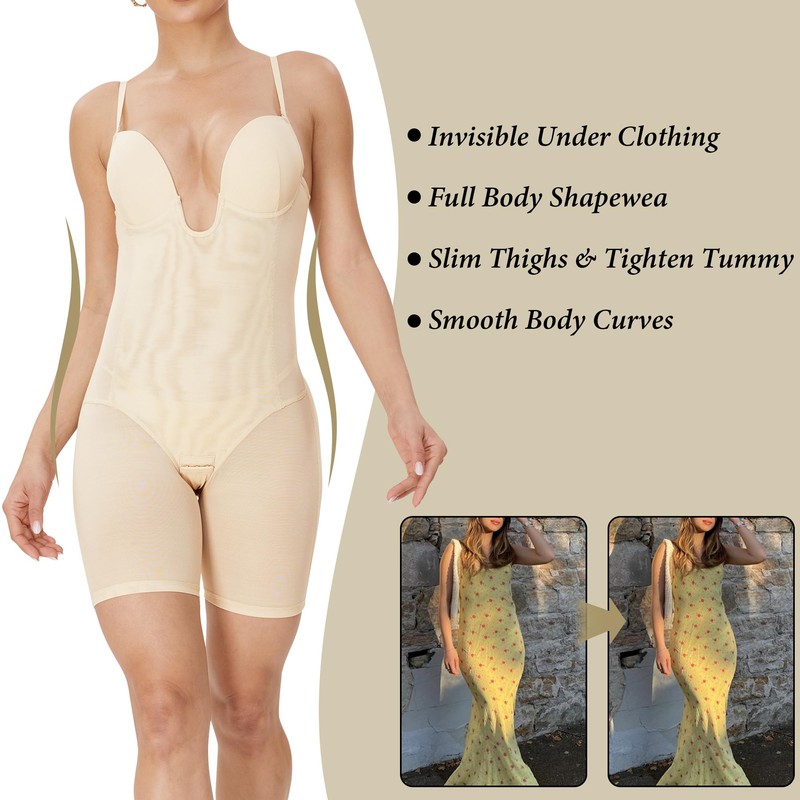 SAYFUT Full Body Shapewear Mid Thigh Mesh strapless Bodysuit Top
