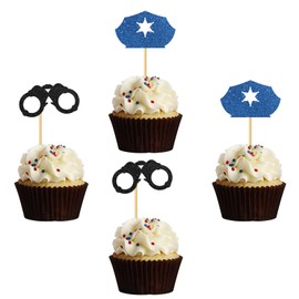MonMon & Craft Congrats Officer Cupcake Toppers/Future Police Graduation Cupcake Decor/Class of 2025 Cupcake Toppers/Police Academy Graduation Party Cupcake Decorations Black Blue Glitter 24 Pcs