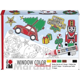 Marabu 0406000013908 Window Colour Fun & Fancy "XMAS Traditional" Water Based Window Paint, 6 Pens with 25 ml Paint, A3 Colouring Template and A4 Painting Film