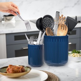 Linksandt Utensil Holder, 2 Pack Ceramic Kitchen Utensil Holder for Countertop, Large Cooking Utensil Crocks for Kitchen Counter, Organizer Decor, Spatula Cutlery Holder, Set of 3, Blue