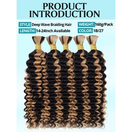 Ombre Honey Blonde Human Braiding Hair for Boho Braids 160g 5 Bundles/Pack 24 Inch Curly Boho Hair for Braiding Knotless 12A Deep Wave Bulk Bohemian Color P1B/27