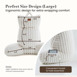 Amélie Home Faux Fur Reading Pillow with Pocket for Sitting in Bed, Adult Backrest Bed Pillow with Washable Cover for Lounging, Study & Relaxing, Ivory 25.5 inches