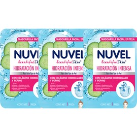 Nuvel Mascarilla Facial en Tela Hidratación Intensa, para Todo Tipo de Piel, con Colágeno Hidrolizado y Pepino, Paquete con 3 Piezas