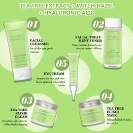 Tea Tree & Witch Hazel Extracts Skin Care Set with Hyaluronic Acid - Deep Cleanse, Balance Oils, Hydrating & Soothing Face Serum, Toner & Moisturizer - 10-Piece Kit Suitable for All Skin Types