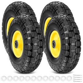 TICONN 4.00-6 Tire and Wheel Flat Free, 4 Pack 13" Solid Tires with 5/8" Axle Bore Hole and Double Sealed Bearings, Perfect for Wheelbarrow, Garden Cart, Wagon, Dolly (Yellow, 4PK)