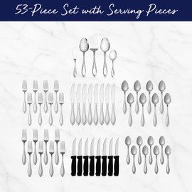 Pfaltzgraff American Bead 53-Piece Stainless Steel Flatware Set with Serving Utensil Set and Steak Knives, Service for 8,Silver