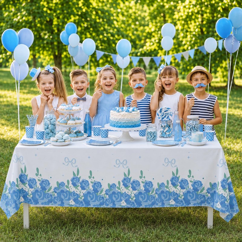 3 Pack Blue Floral Disposable Plastic Tablecloths, 54 x 108