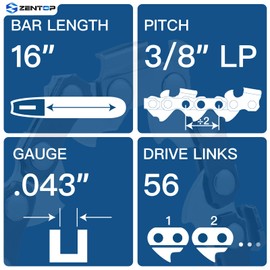 ZENTOP Chainsaw Chain 16 Inch 3/8" LP Pitch .043'' Gauge 56 Drive Links Low-kickback Fits Milwaukee M18 2727-20, EGO CS1600/CS1604,Dewalt DCCS670 and More, Replacement for Oregon R56 (3 Chains)