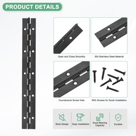 M METERXITY 6-Pack Piano Hinges, 10 Inch / 250mm 304 Stainless Steel Continuous Piano Hinge with Holes and Screws for Cabinets Door/Storage Box [1.2X 0.04/ 30x 1mm Open Width Thick, Black]
