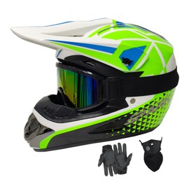 Youth Dirt Bike Helmets DOT Approved Fashion Kids Motocross, ATV, Off-Road, Four Wheelers, BMX Motorcycle Bike Helmets (Goggles Gloves Faceshield) (W-Green, Large)