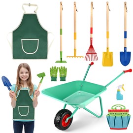 GOLDGE 10pcs Kids Gardening Tool Set - Wheelbarrow Outdoor Toy with Shovel, Rake, Pretend Weed Digging Tools, Backyard Play for Toddlers, Boys, Girls. Ideal Birthday or Valentine's Gift for Ages 3-5