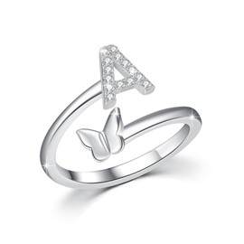 YEESIA Initial Ring 925 Sterling Silver Letter A/K/M Ring Adjustable Letter Butterfly Zircon Ring with Initial Letter inital Jewelry for Women, Sterling Silver, Zircon