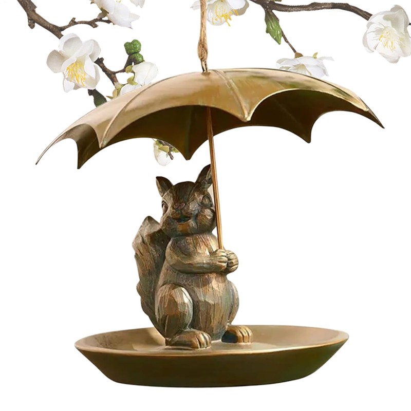 Animal Squirrel Bird Feeder with Umbrella, Outdoor Squirrel Holding Umbrella