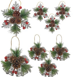 Pinecone Berry Pine Twig Christmas Ornaments - Set of 8 - Glittered Snowflakes and Bells with Pine Cones Greenery and Red Berries - Xmas Décor - Crafting - Each is 5" H