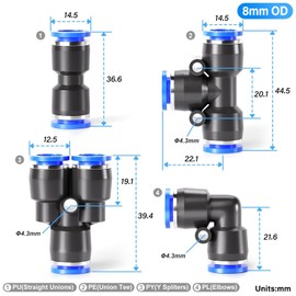TAILONZ PNEUMATIC 5/16 inch or 8mm od Push to Connect Fittings Pneumatic Fittings Kit 10 Spliters+10 Elbows+10 tee+10 Straight (40 pcs)
