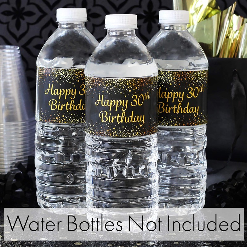 Black and Gold 30th Birthday Party Water Bottle Labels -