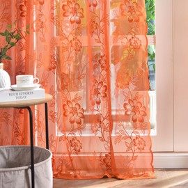 FINECITY 63 Inch Burnt Orange Sheer Curtains, 2 Panels Rust Sheer Lace Curtains for Bedroom, Leaf Floral Pattern Rod Pocket Privacy Autumn Fall Light Filtering Curtains, 52 x 63 Inch, Burnt Orange
