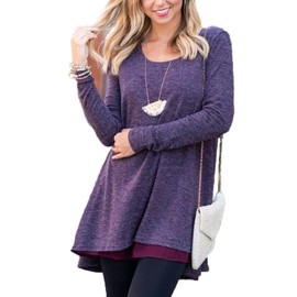 Poetsky Tunic Shirts for Leggings Chiffon Hem Long Sleeve Layered Swing Flared Top Blouse (M, Purple)