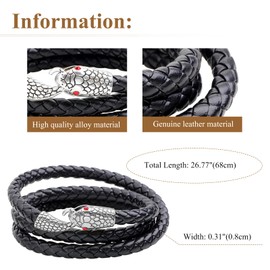 Flongo Snake Leather Bracelet Black: Men's Snake Leather Bracelet Braided Viking Multilayer Snake Bracelet Wide Vintage Bangle Gold Silver Pendant for Women Men Boys, Leather