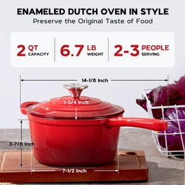 Onader 2QT Saucepan with Lid Enameled Cast Iron Sauce Pan Pot Small Dutch Oven Cooking Kitchen Pot Nonstick & Heavy Duty – Red
