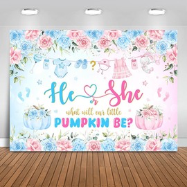 Mocsicka Pumpkin Gender Reveal Backdrop Fall Pumpkin Blue or Pink Gender Reveal Background Floral He or She Gender Reveal Party Decorations Photo Booth Props (5x3ft)