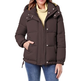 hathne Women's Cropped Puffer Jacket Coats Winter Zip Up Hooded Short Warm Padded Jacket Outerwear(Coffee,L)