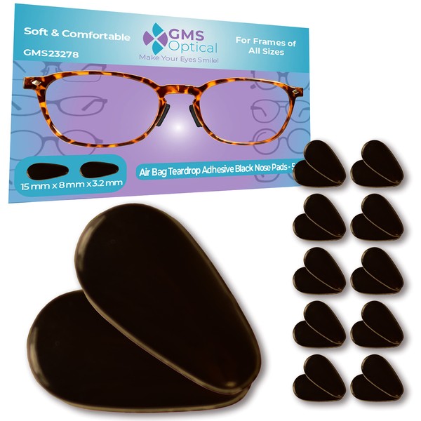 GMS Optical Adhesive Anti-Slip Teardrop Air Bag Cushion Silicone Nose Pad Reduce pressure and prevent slipping for Glasses, Eyeglasses, Sunglasses(15mm x 8mm x 3.2mm) (5 Pair) (Clear) (10 Pair, Black)