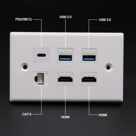 MOTONG 2 Ports HDMI 2.0 Wall Power Outlet Plug, Dual USB A 3.0 Ports + Dual HDMI Ports + USB Type C Port + Cat6 Ethernet Decorative Wall Plate Outlet Plug