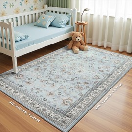 Flagover 4x6 Light Blue Washable Boho Area Rug for Living Room, Vintage Floral Non Slip Bedroom Rugs, Wool Low Pile Indoor Mat, Aesthetic Pattern Carpet for Kitchen, Office and Bedside