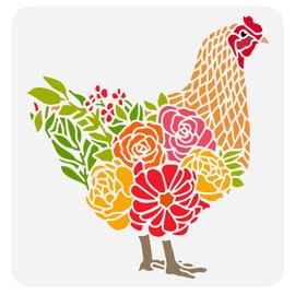 FINGERINSPIRE Chicken Rooster with Flowers Grass Drawing Template - 11.8x11.8inch Plastic PET Painting Stencil for Home Farm Furniture Wall Floor Decoration