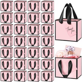 Yeaqee 50 Pcs Mini Gift Bags with Handles Small Gift Bags Metallic Foil Paper 4x4.75x2.25'' Extra Small Thank You Gift Bags Bulk with Tag for Birthday Wedding Fall Party(Light Pink, Black)