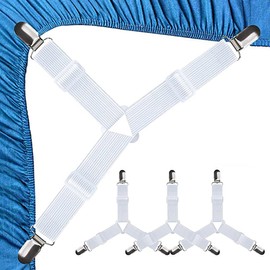4 Pack Elastic Bed Sheet Straps Bed Sheet Straps with Metal Clips, Adjustable Bed Sheet Straps for Bed Corners, Sofas, Ironing Boards, Mattresses - White