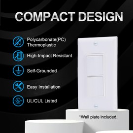 Baomain 2-Pack Duplex Rocker Switch with Wall Plate, 15 Amp, 120Volt, Single-Pole AC Combination Switch, Commercial Grade, Grounding White UL & CUL Listed