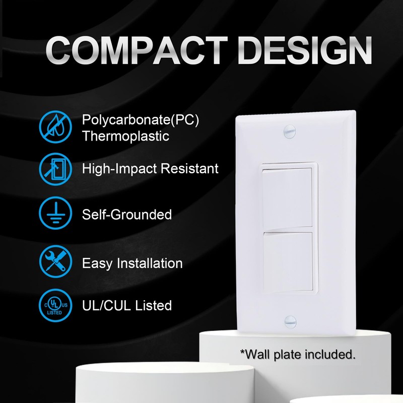 Baomain 2-Pack Duplex Rocker Switch with Wall Plate, 15 Amp,