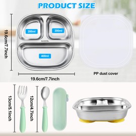 Baby Plate with Suction Cup, Stainless Steel, Children's Plate with Suction Cup, Stainless Steel Plate Baby with Lid, Baby Plate with Forks and Spoons