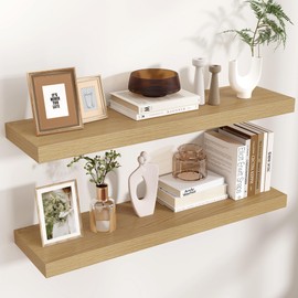 Venusmiles Floating Shelves for Wall, 2 Large Wall Mounted Shelves with Invisible Brackets, Long Wood Floating Wall Shelf Shelves for Living Room, Bedroom, Kitchen, (Oak, 36" W x 9" D x 1.5" H)