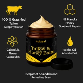 NUIZEAL Whipped Beef Tallow for Skin & Face - Tallow and Honey Balm Moisturizer, Grass-Fed, Calendula, Bergamot & Sandalwood, 4 oz (4 oz, for Men)